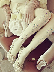 rhinestone studded winter tights in milk white