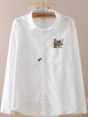 cat embroidery button up shirt