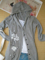plum blossom long hoodie cardi :: handpainted