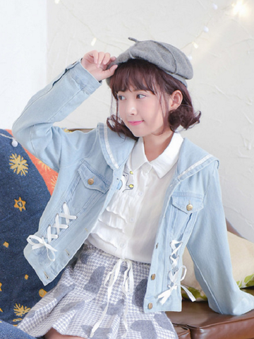 navy collar bow ties denim jacket