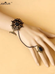 spider web black lace Gothic bracelet with ring