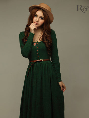 wool retro round neck belt long dress