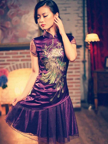 Phoenix embroidery Mandarin tulle dress