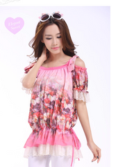 rosy bare shoulder chiffon blouse