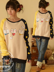 cartoon cat patchwork pullover