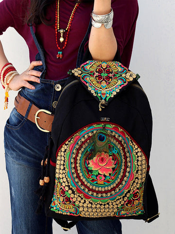 lotus lilies embroidered handmade knapsack